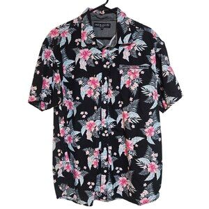 Free Planet Mens Black Hawaiian Floral Print Button-Up Shirt 2X 100% Cotton Shor